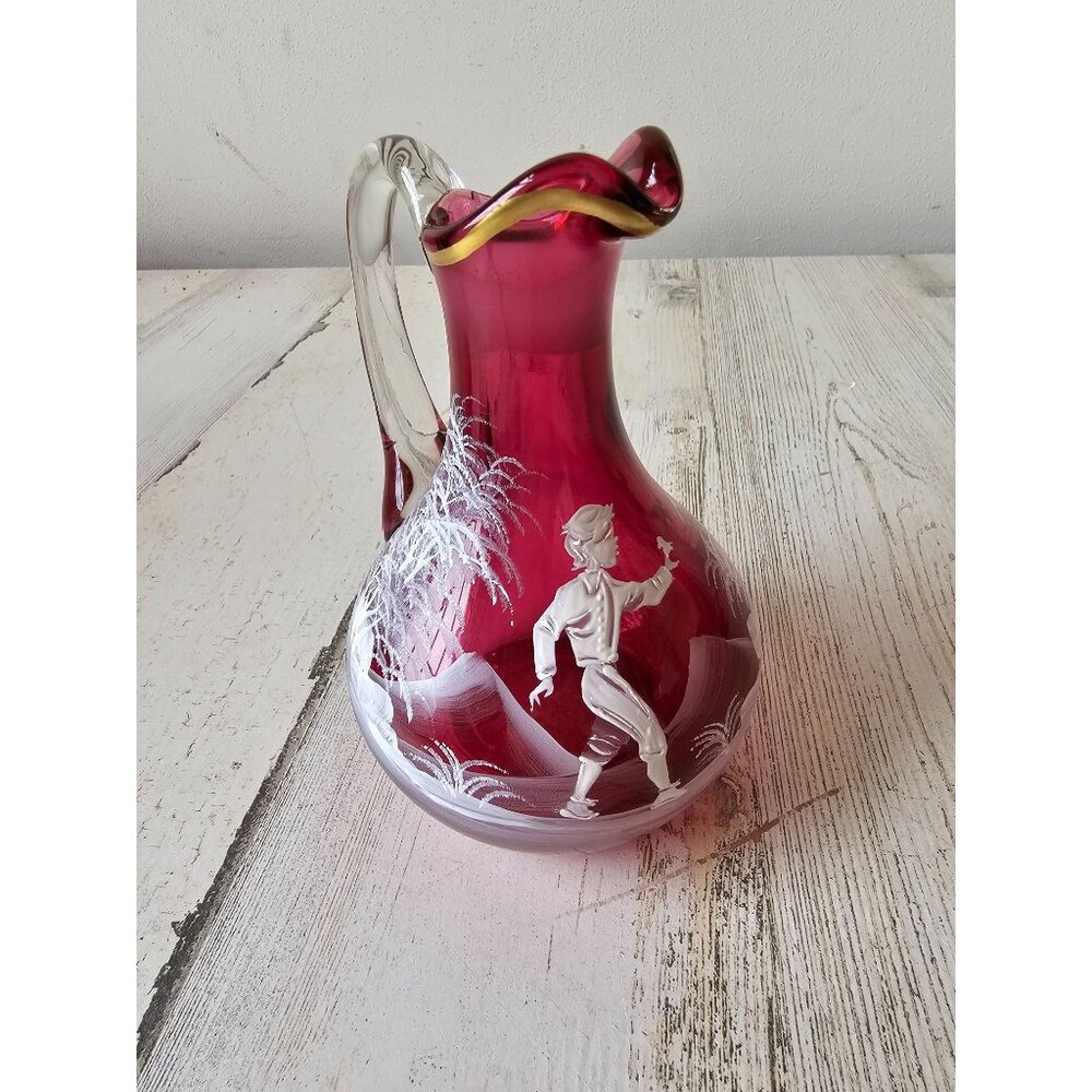 Fenton Mary Gregory mini pitcher jug 94 cranberry red‎ boy birds creamer